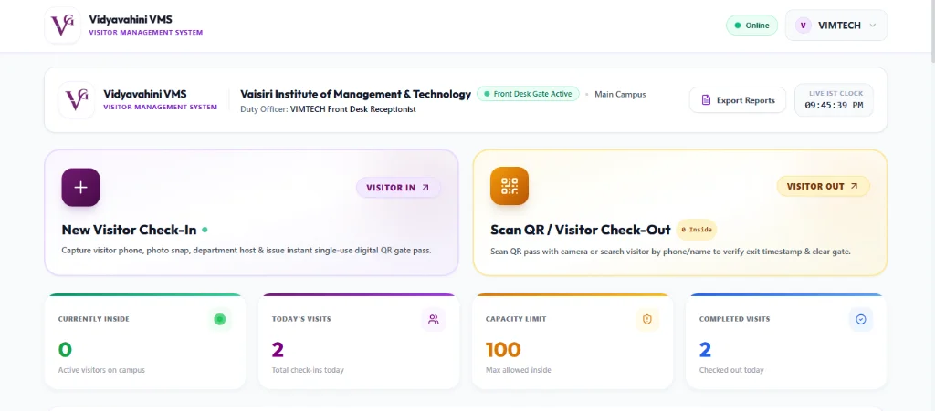 VMS Front Desk Gate Reception Dashboard